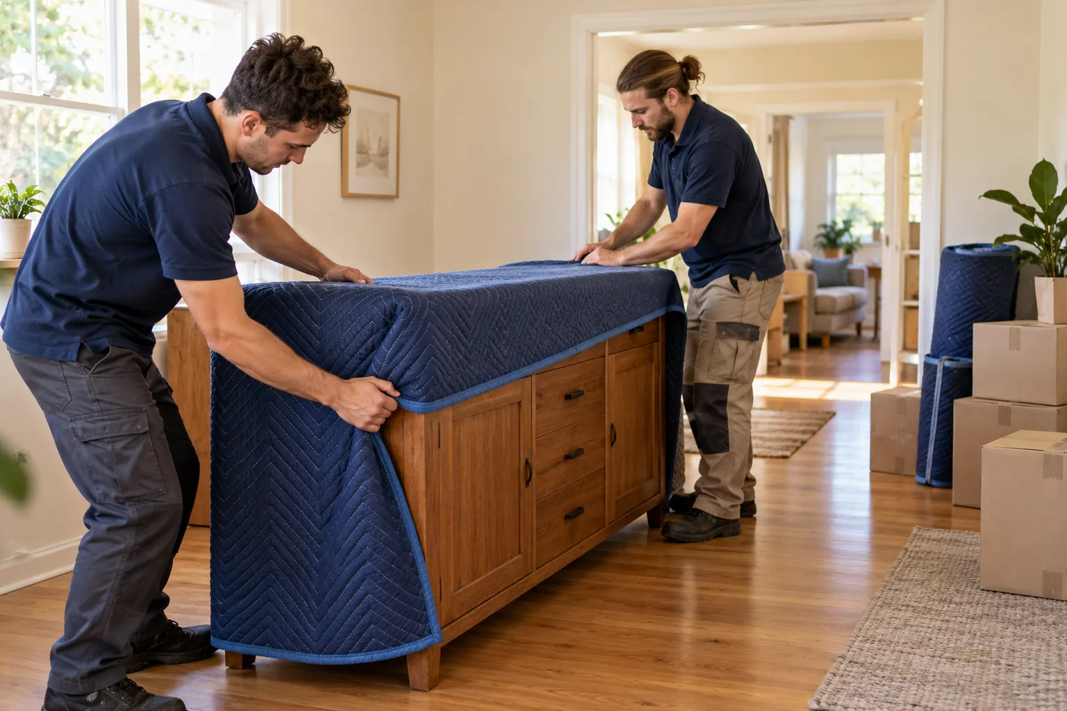 Two movers fitting a quilted protective blanket around a timber sideboard before transport.