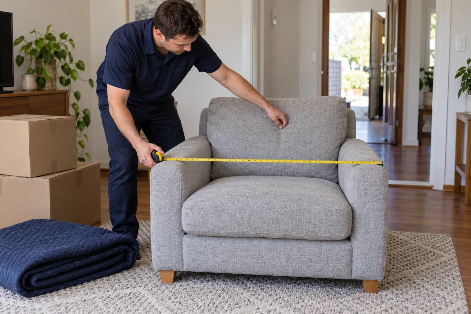 The overall width of a fabric armchair being measured with a tape before a furniture move.
