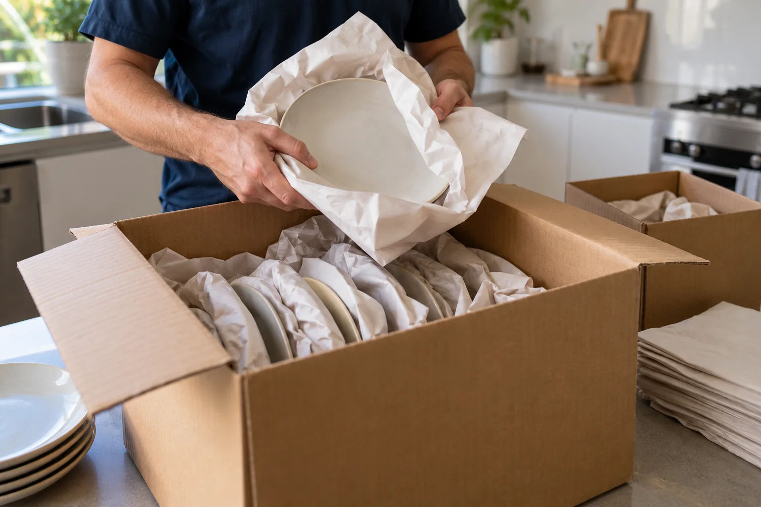 Hands wrapping a ceramic plate in clean packing paper above a carton containing individually wrapped plates.