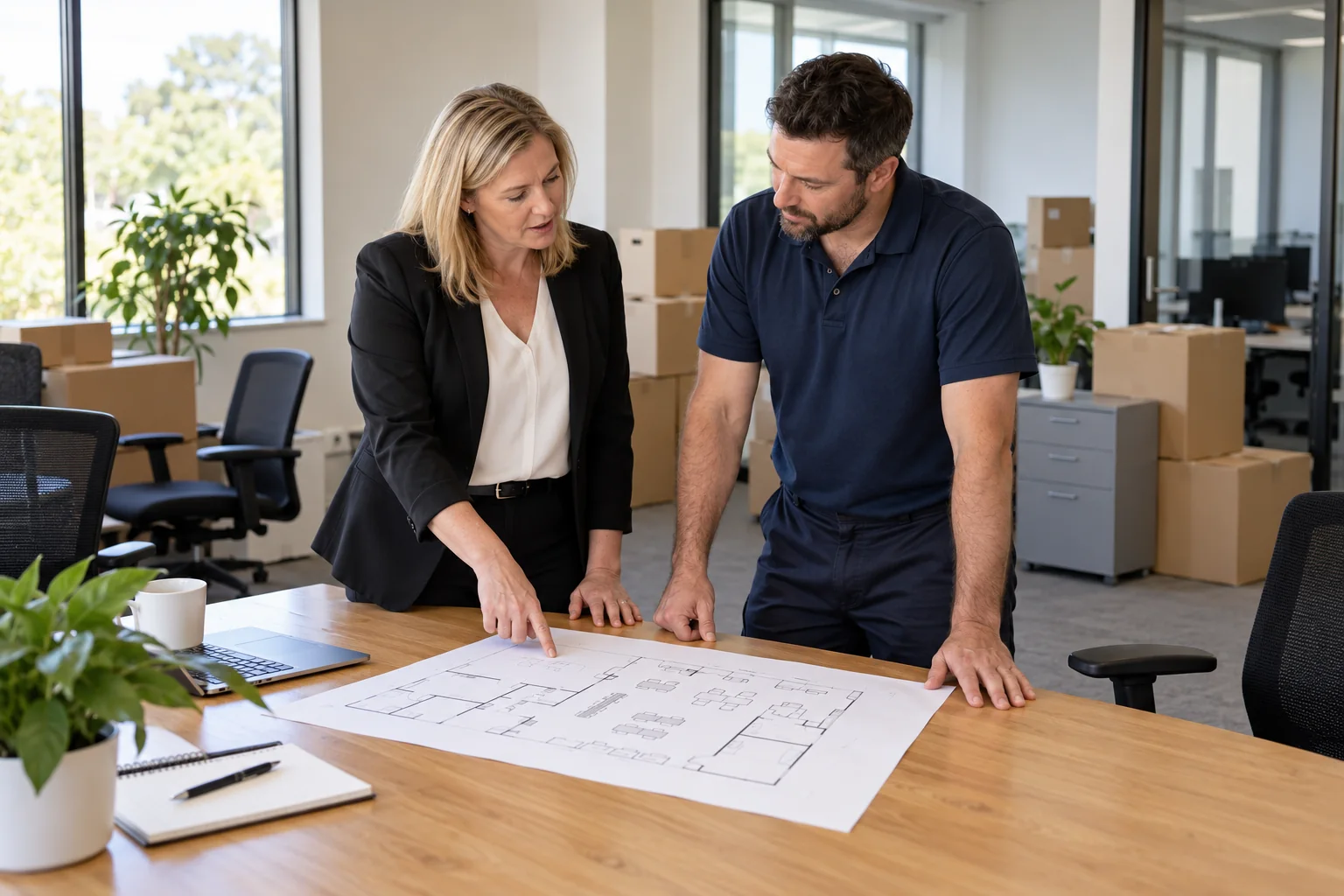 An office manager and moving coordinator reviewing a furniture layout before an office relocation.