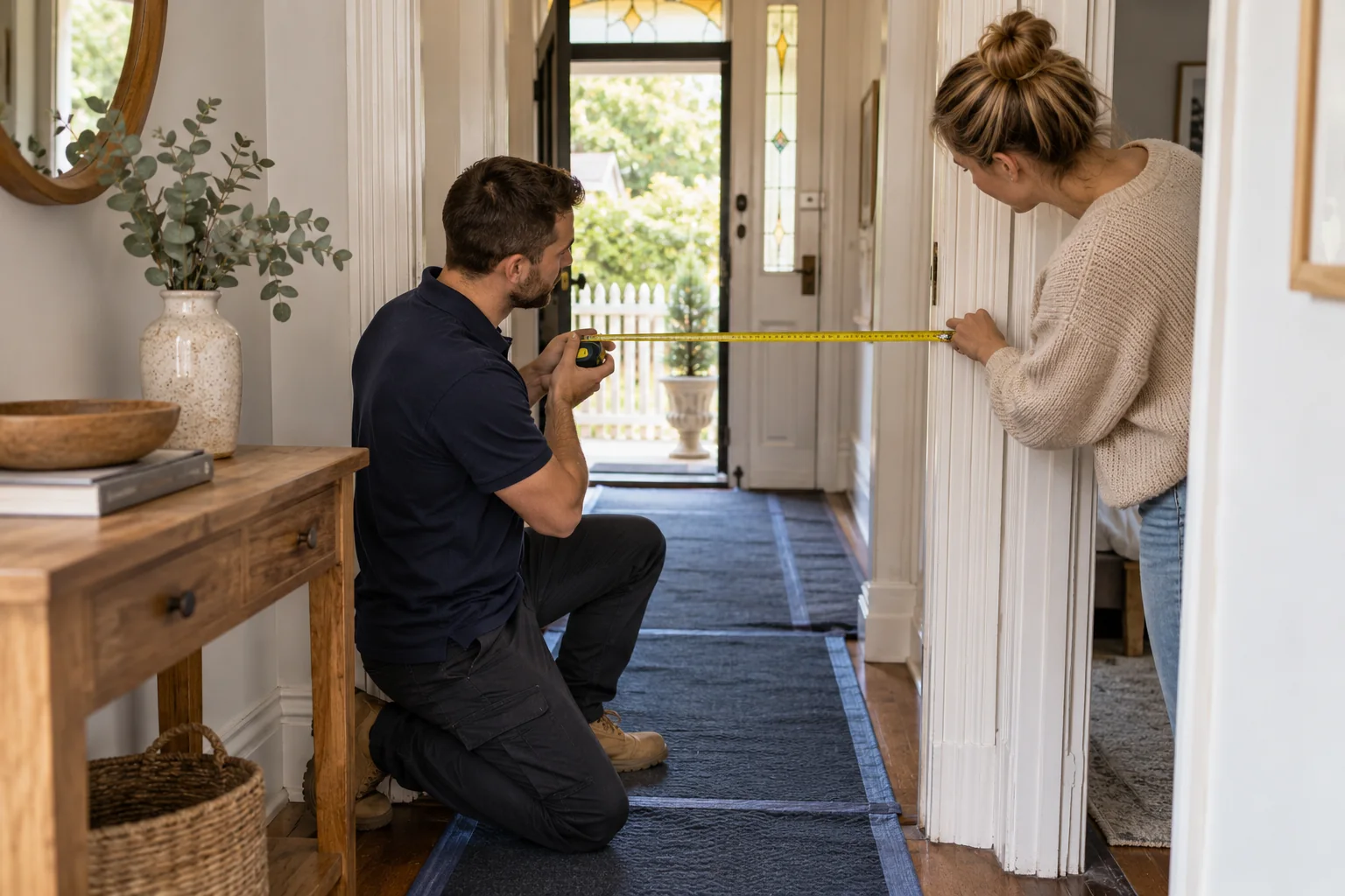 Illustration of two adults measuring a narrow doorway while planning a furniture route through a home.
