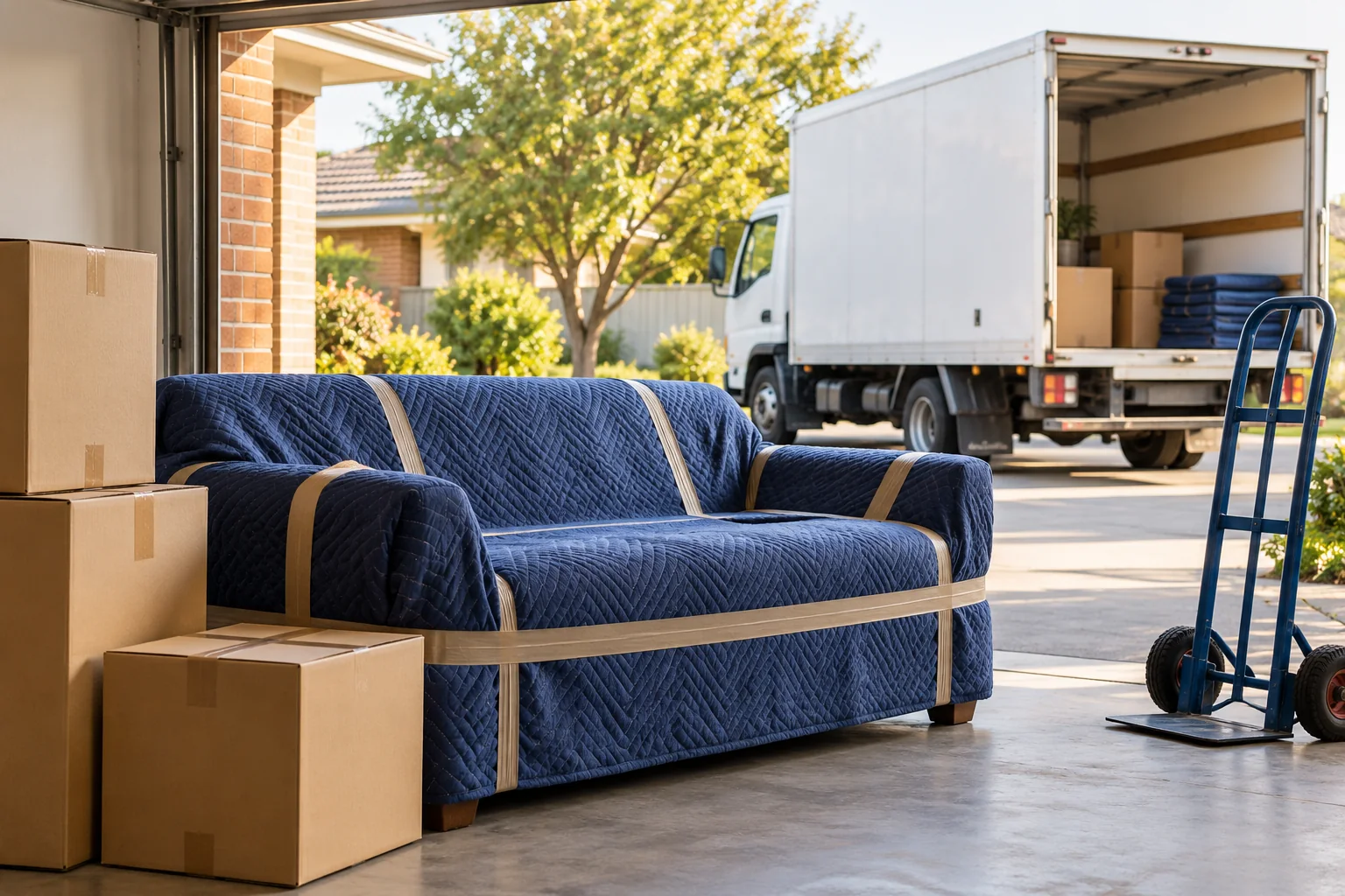 A sofa protected with moving blankets beside cartons and a furniture trolley, with a removals truck outside.