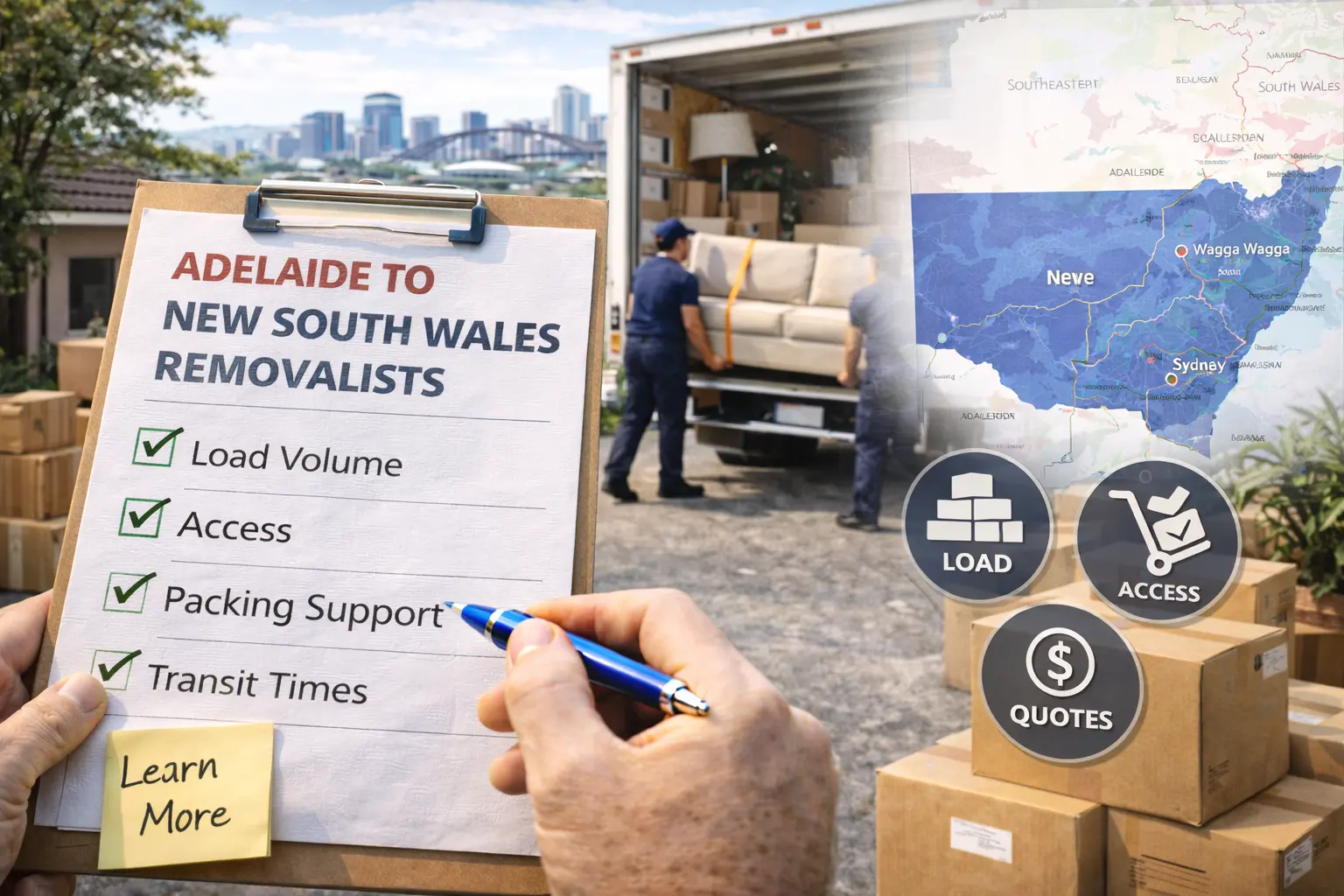 Adelaide to New South Wales removalists route guide including interstate removalist quotes, packing options and delivery windows