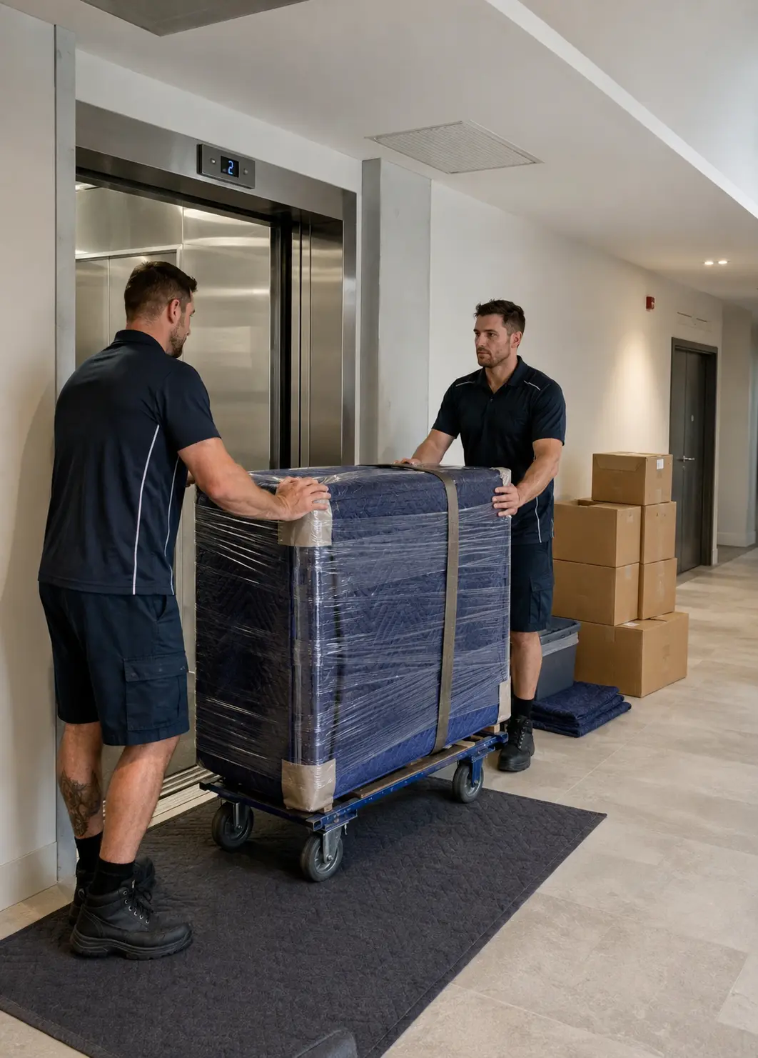 Apartment and unit interstate removalists in Adelaide moving furniture through a clean apartment hallway