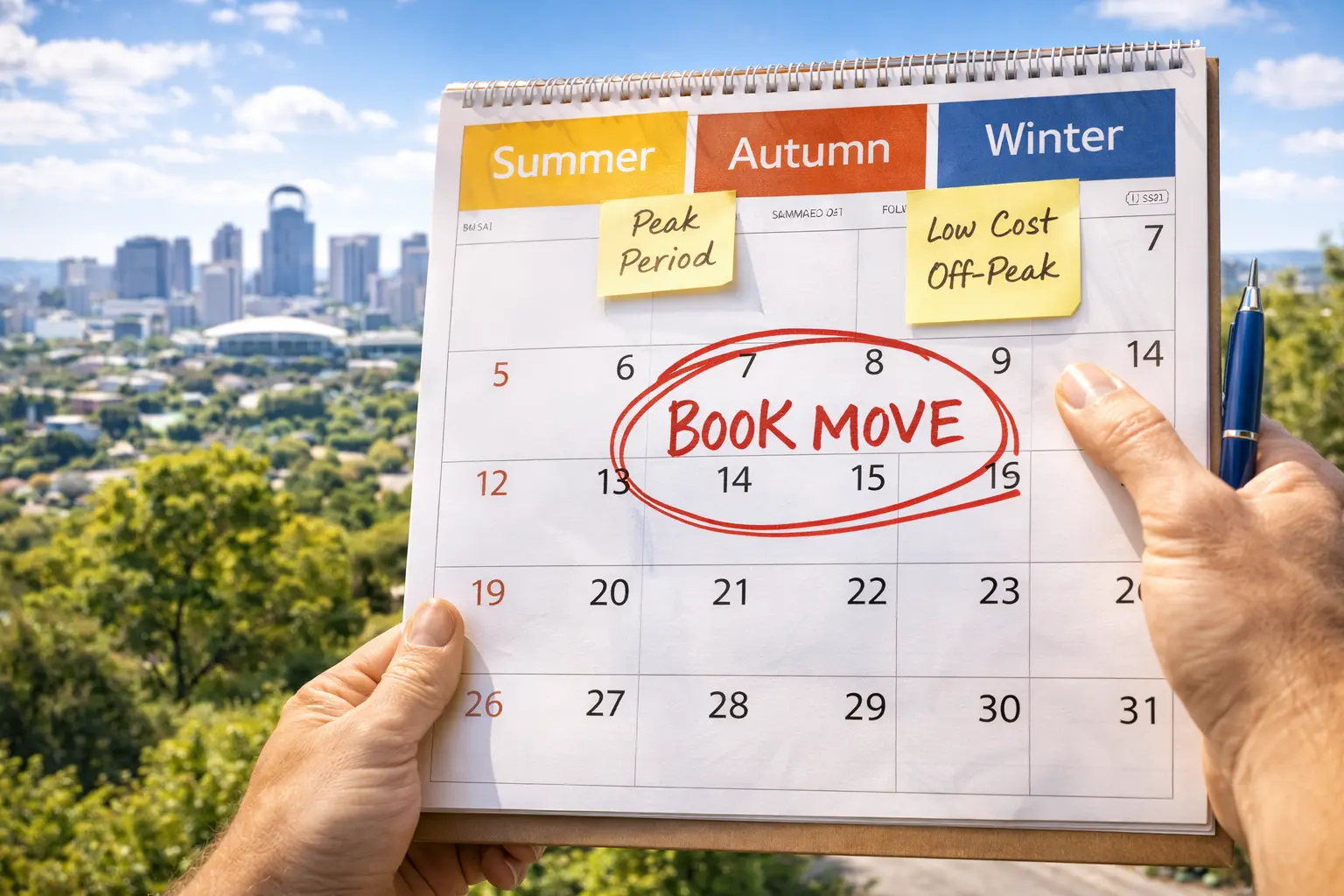 Best time to move interstate from Adelaide including seasonal timing, booking lead times, off-peak rates and weather planning