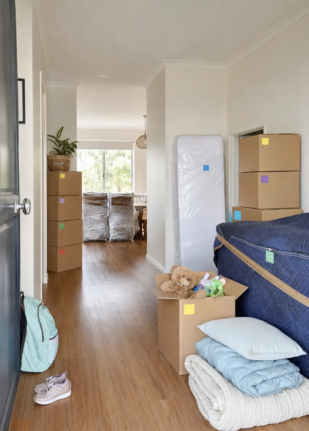Family home in Adelaide packed with labelled boxes before an interstate move