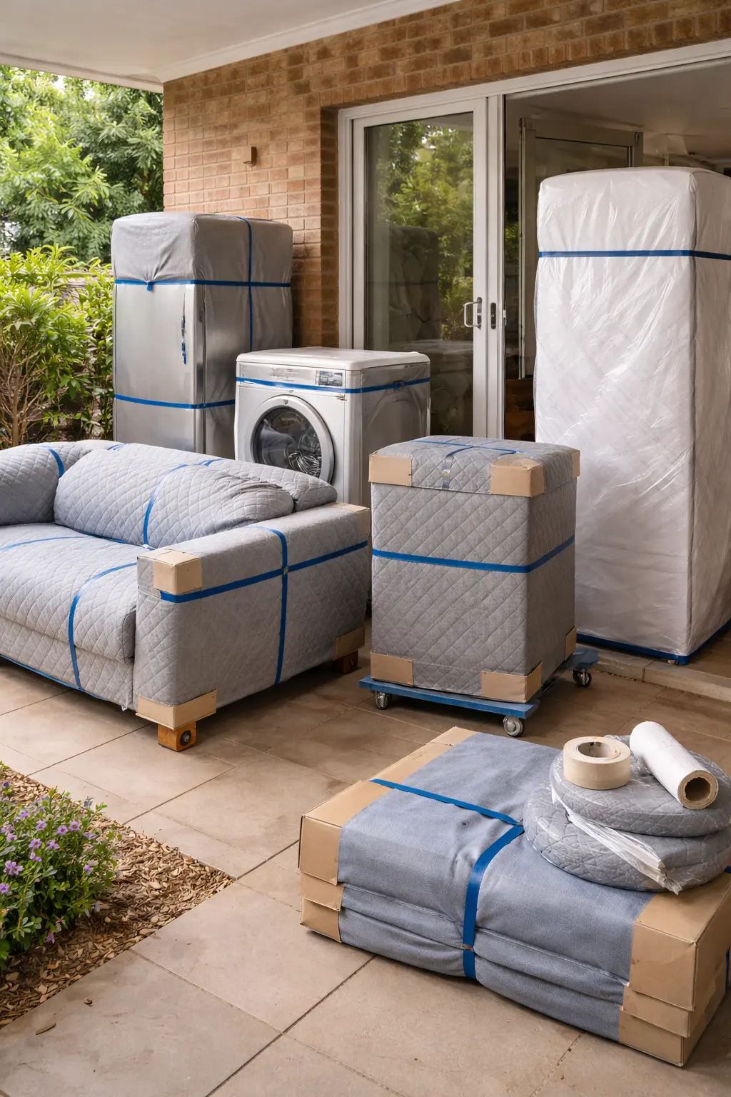 Melbourne to Adelaide furniture wrapping with padded lounges, protected whitegoods and covered mattress ready for loading