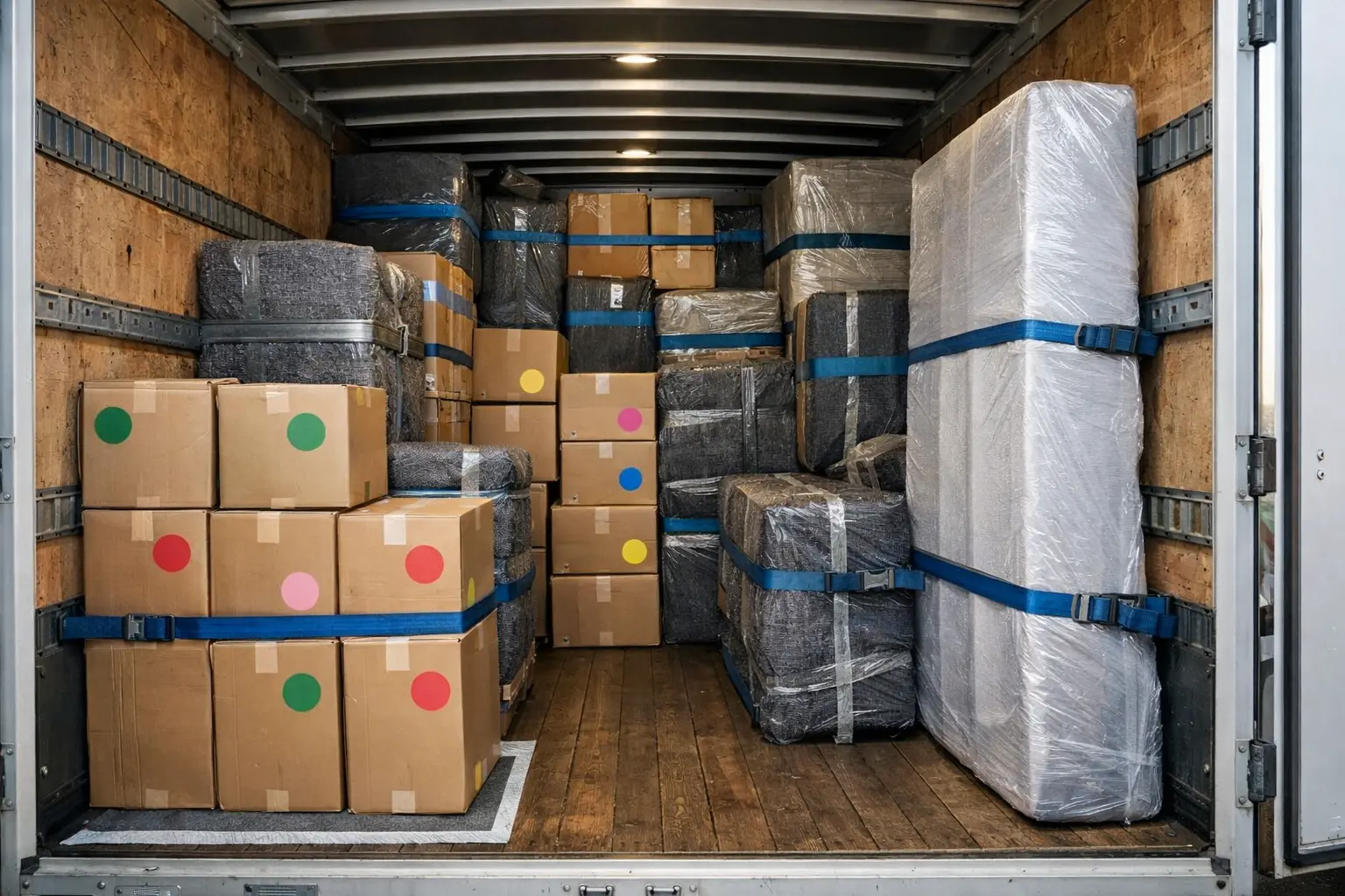 Shared load sequencing for Melbourne to Adelaide backloading with labelled cartons, wrapped furniture and a planned load order for interstate delivery