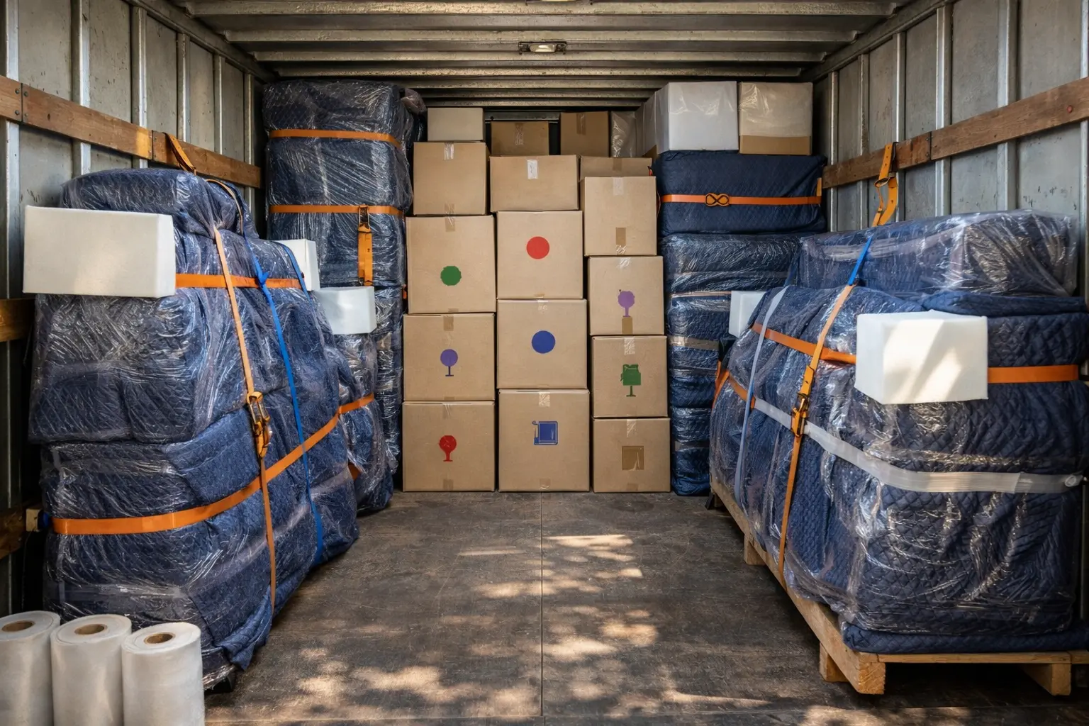 Perth to Adelaide backloading load plan showing wrapped furniture, stacked cartons, and protected fragile items for interstate delivery into Adelaide