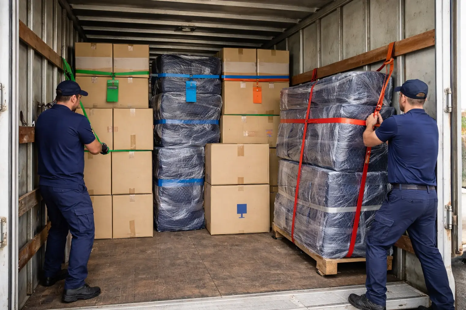 Perth to Adelaide backloading shared load process with wrapped furniture, stacked cartons and secure restraints for interstate delivery