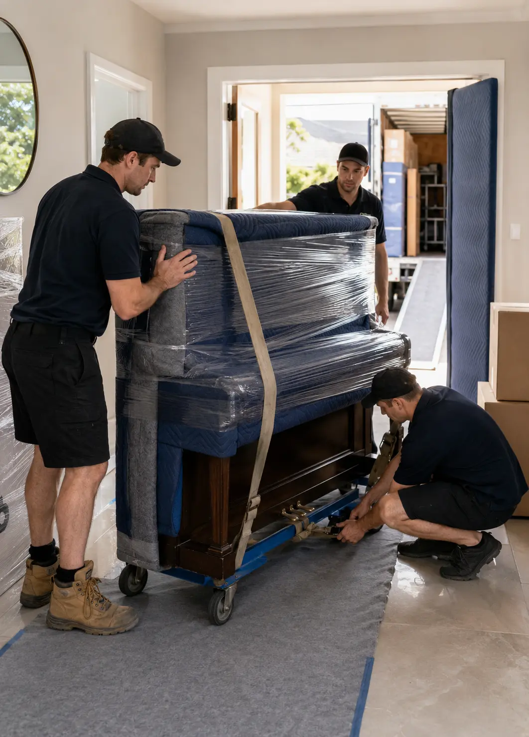 Adelaide piano removalists preparing a piano for interstate furniture transport