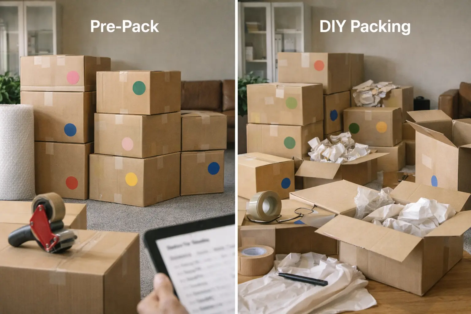 Pre-pack vs DIY packing comparison for Adelaide moves with labelled cartons, protective materials and organised packing zones