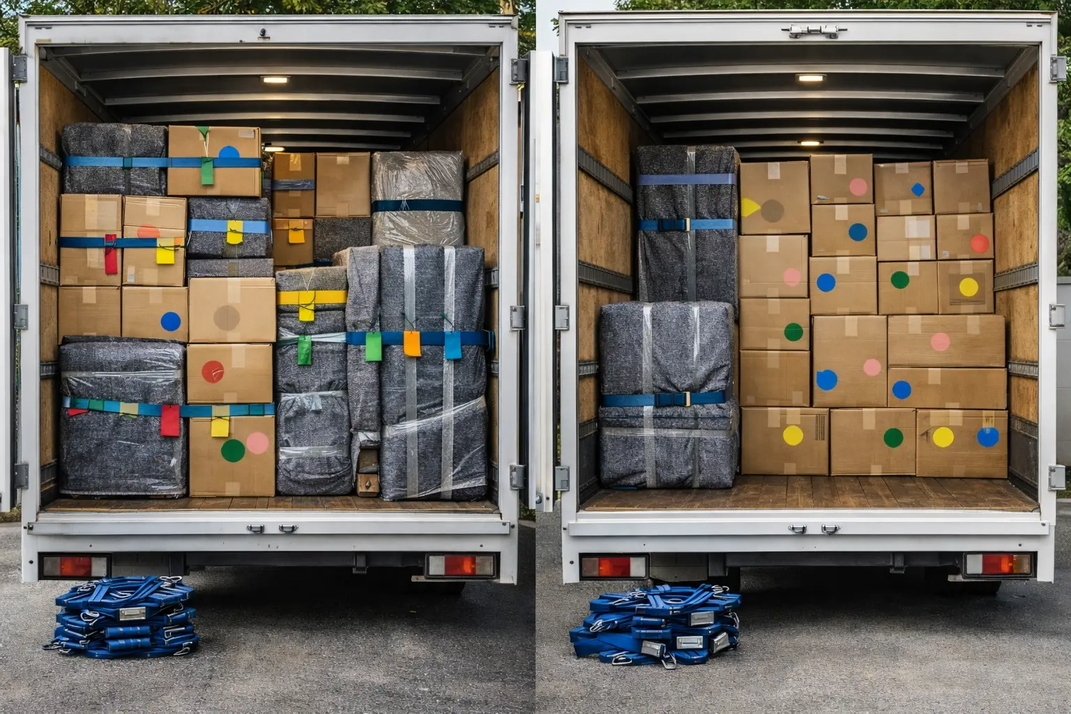 Backloading vs dedicated truck choice for NSW to Adelaide removals with labelled cartons and wrapped furniture ready for interstate transport